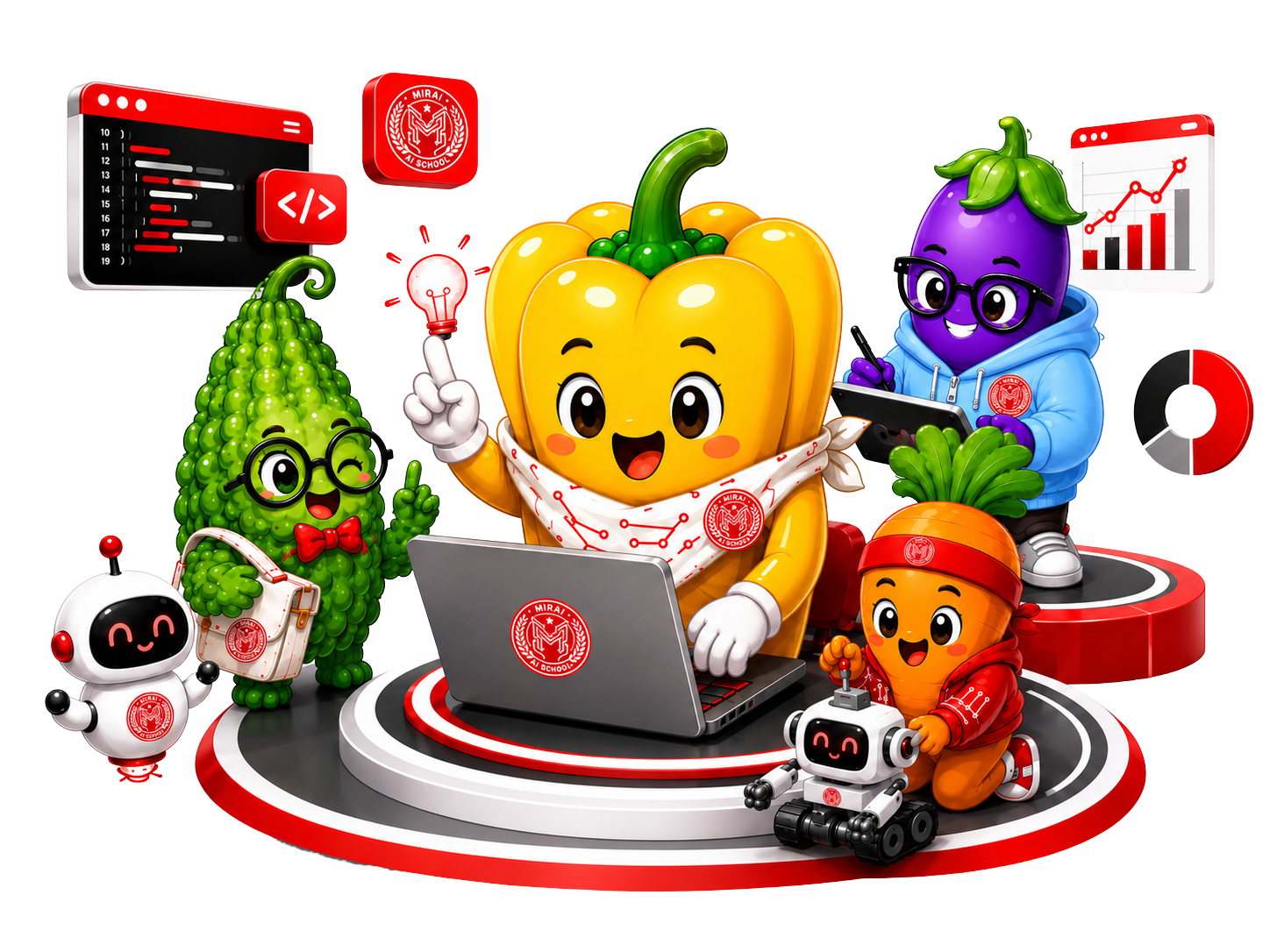 Happy student learning online with floating AI, coding, and robotics icons
